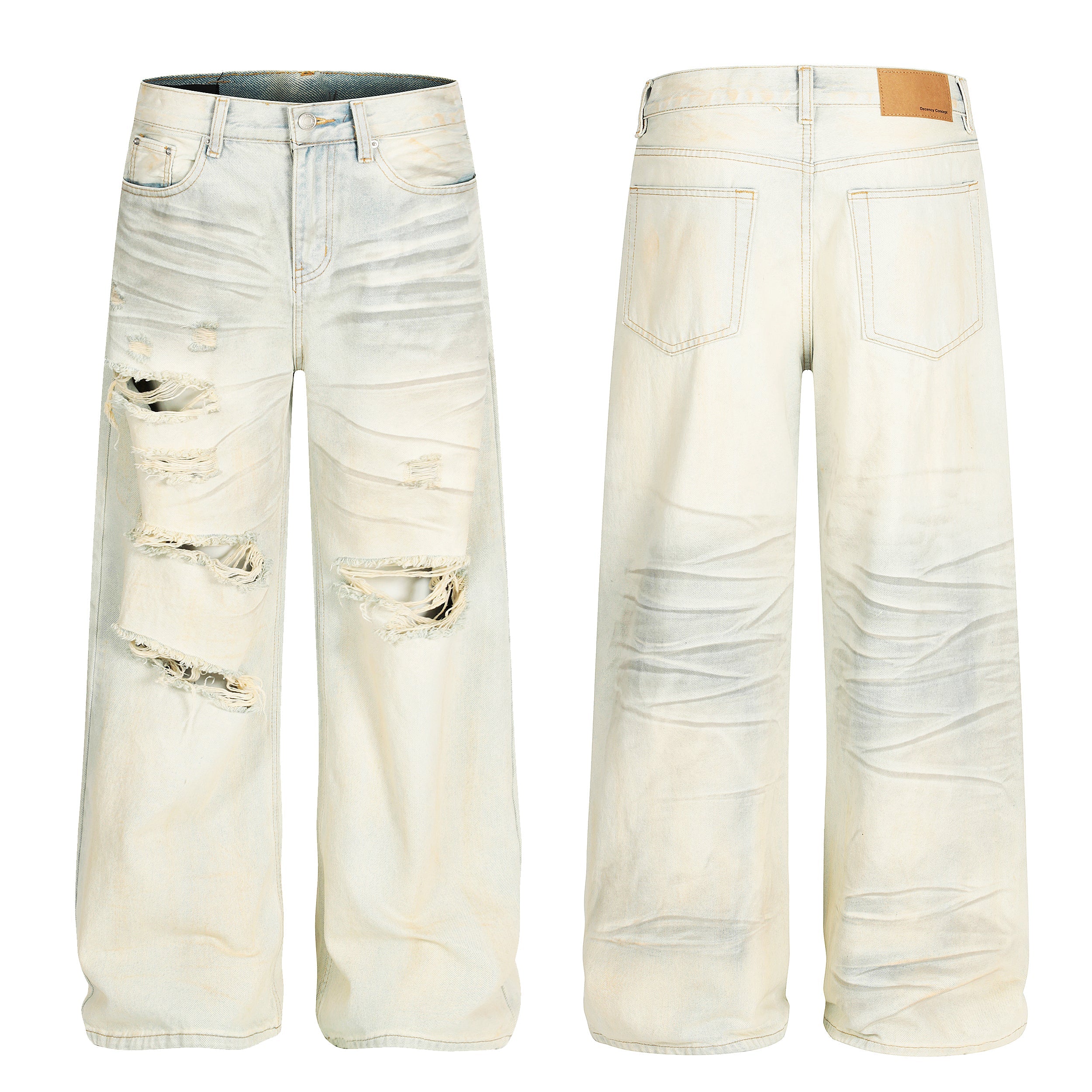 Front view of cream sun-bleached wide-leg jeans with heavy shredded rips across the thigh and knee