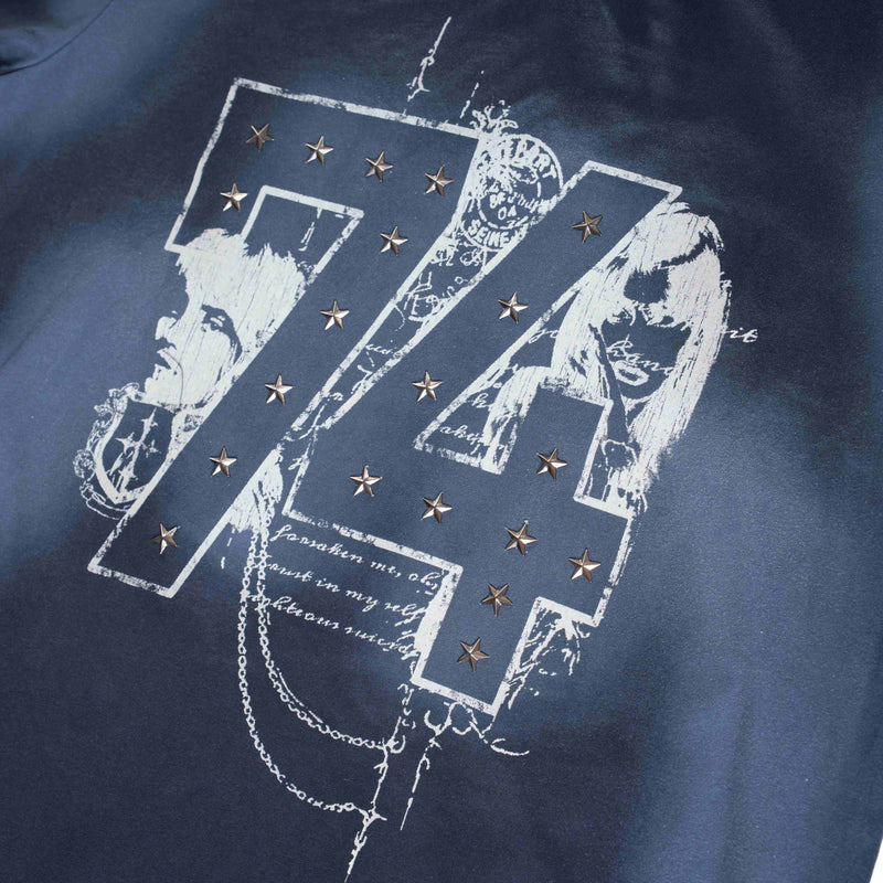 Distressed navy graphic tee with star-studded 74 print and vintage washed streetwear design