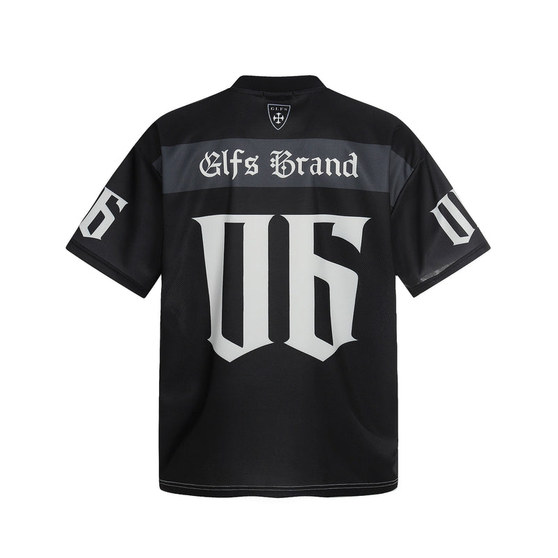 Black gothic mesh football jersey with white gothic lettering and oversized front graphic on a streetwear-style shirt