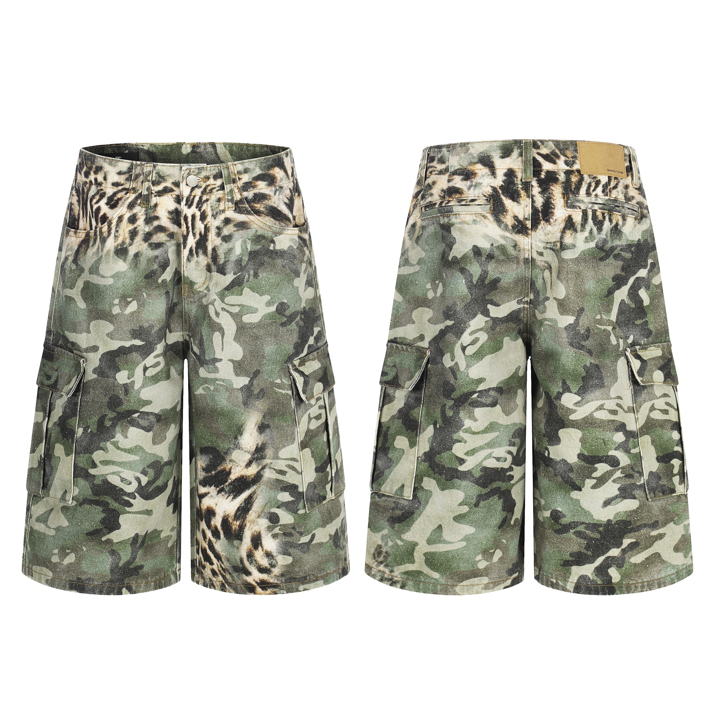 Front and back view of green camouflage cargo shorts with leopard print waistband detail
