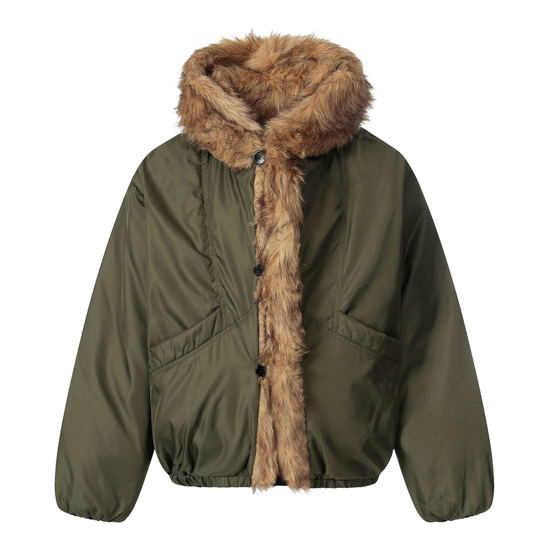 Faux Fur Trimmed Hooded Puffer Jacket | Army Green & Black