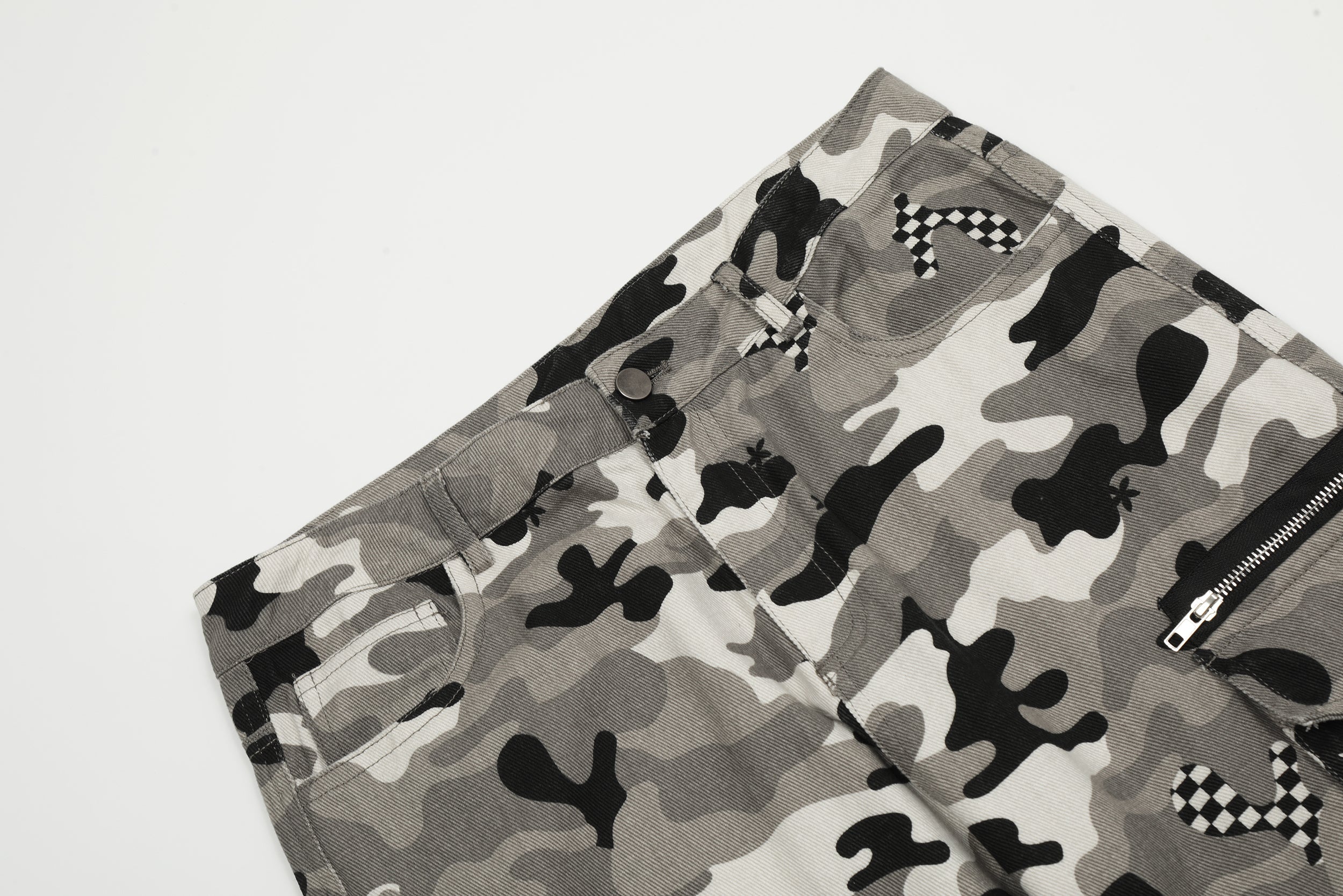 Grey Camo Cargo Pants with Checkerboard Patches | SEAKOFF