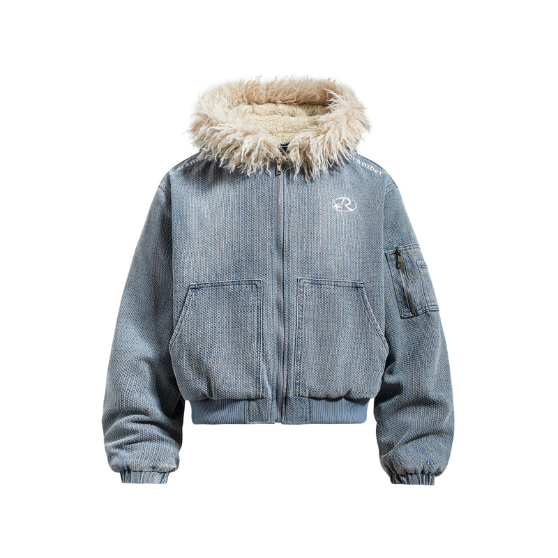 Omirad Fur-Trim Washed Hooded Bomber Jacket | Street Style
