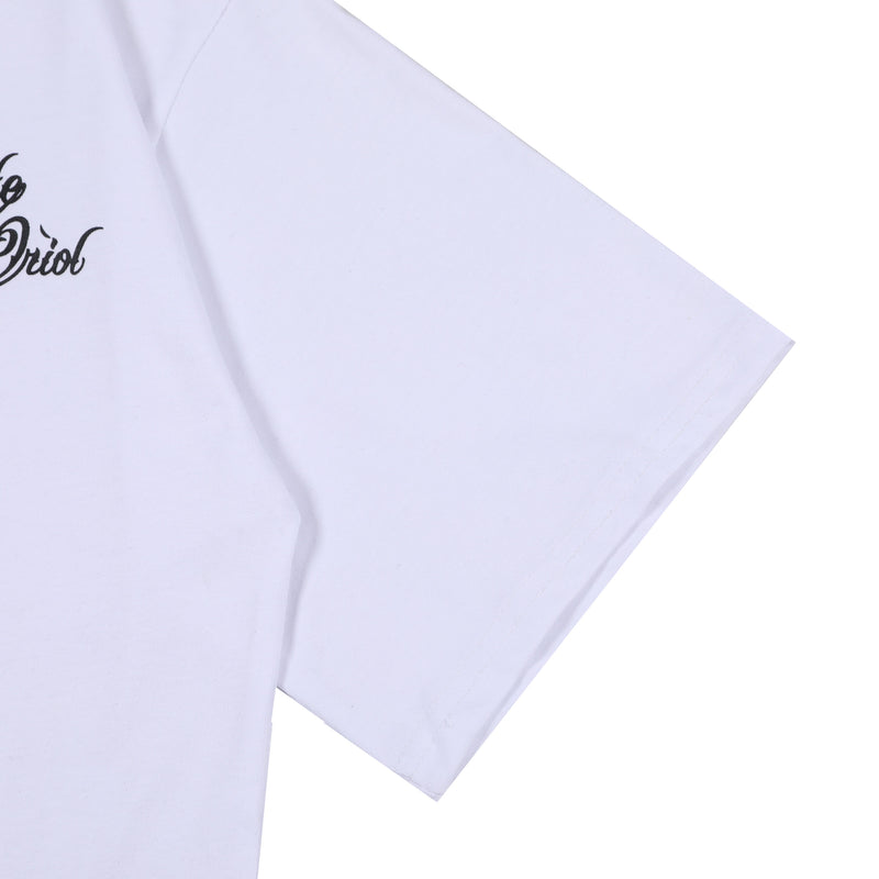 White oversized tee with black Estevan Oriol hand graphic print on the chest and loose short sleeves