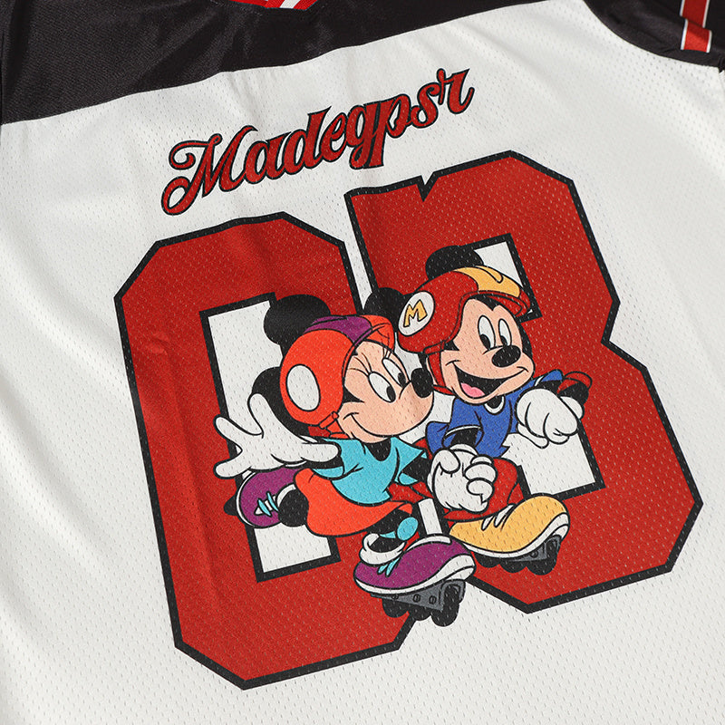 Mickey and Minnie graphic football jersey with bold red number 03 and streetwear-inspired cartoon print on white mesh