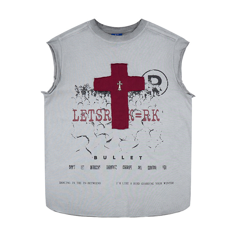 Gray sleeveless T-shirt with a distressed red cross graphic and gothic-style text print on the front