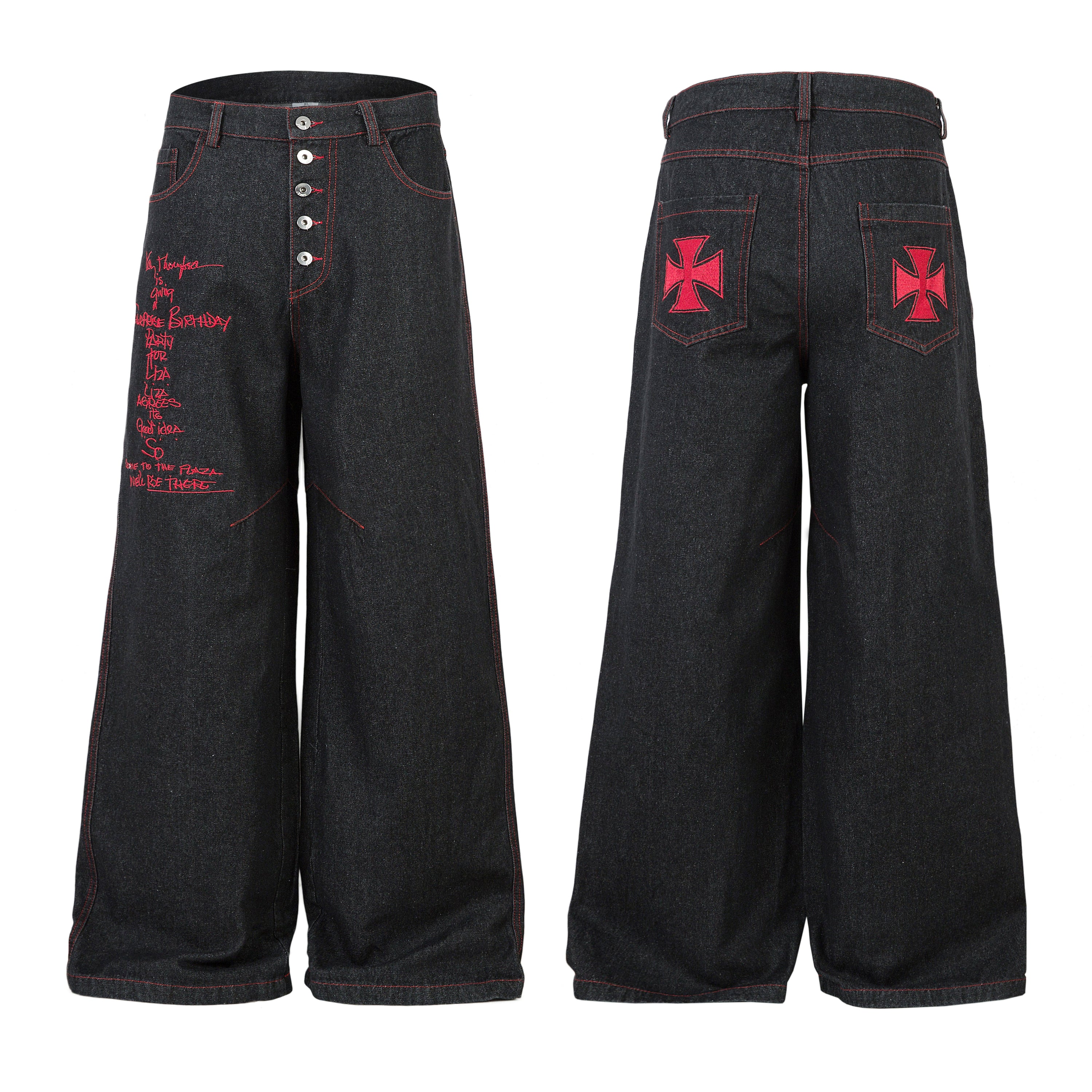 Front and back view of black wide-leg jeans with red contrast stitching, script embroidery on front leg and Iron Cross graphi