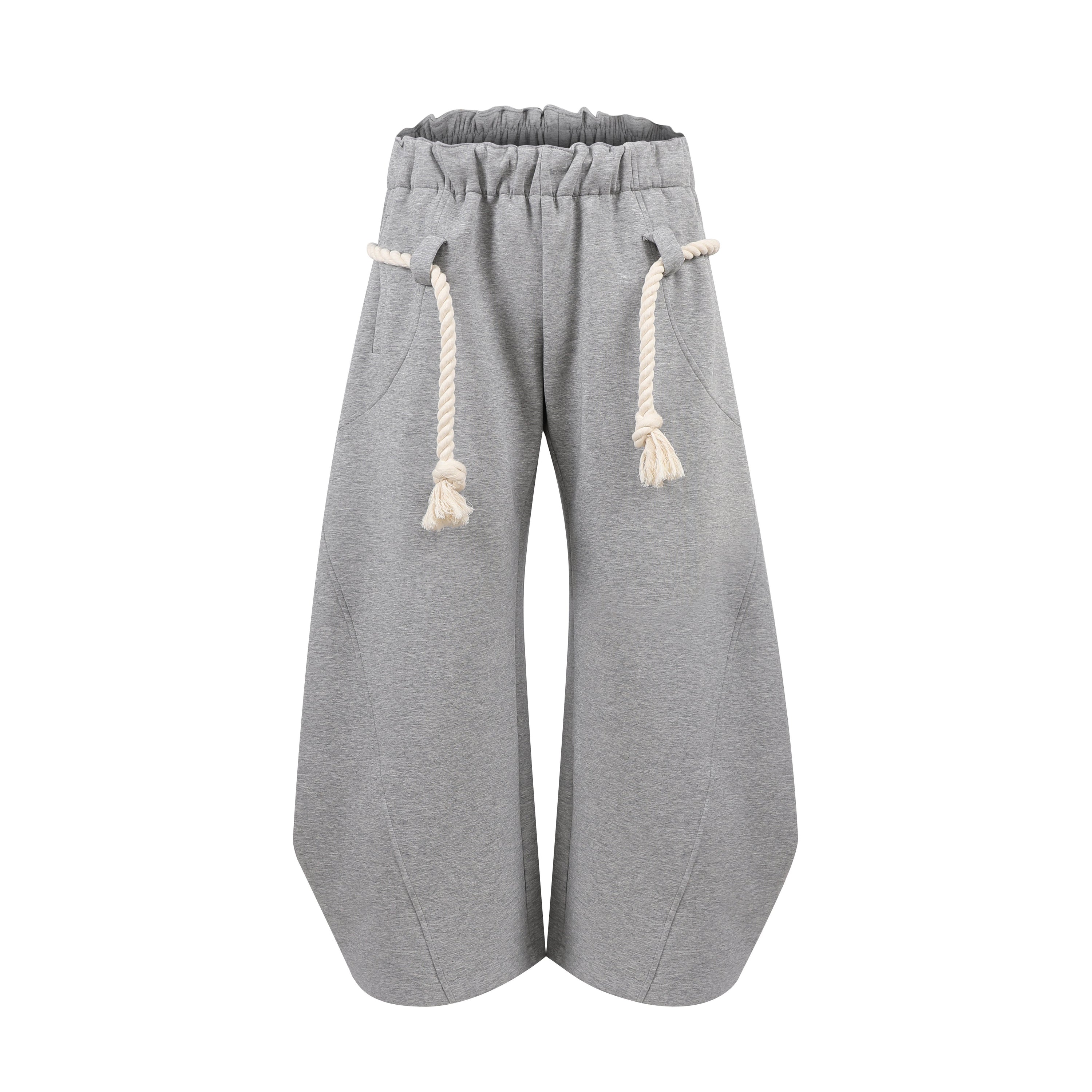Heather grey wide-leg barrel pants with cream twisted rope drawstring and elastic paper-bag waistband, front view