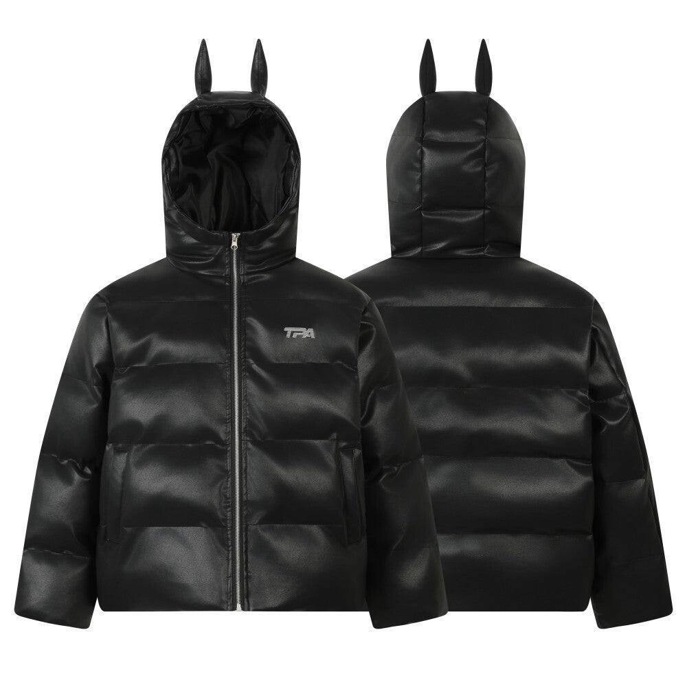Front and back view of a black glossy PU puffer jacket with 3D bat-ear hood and tonal logo embroidery