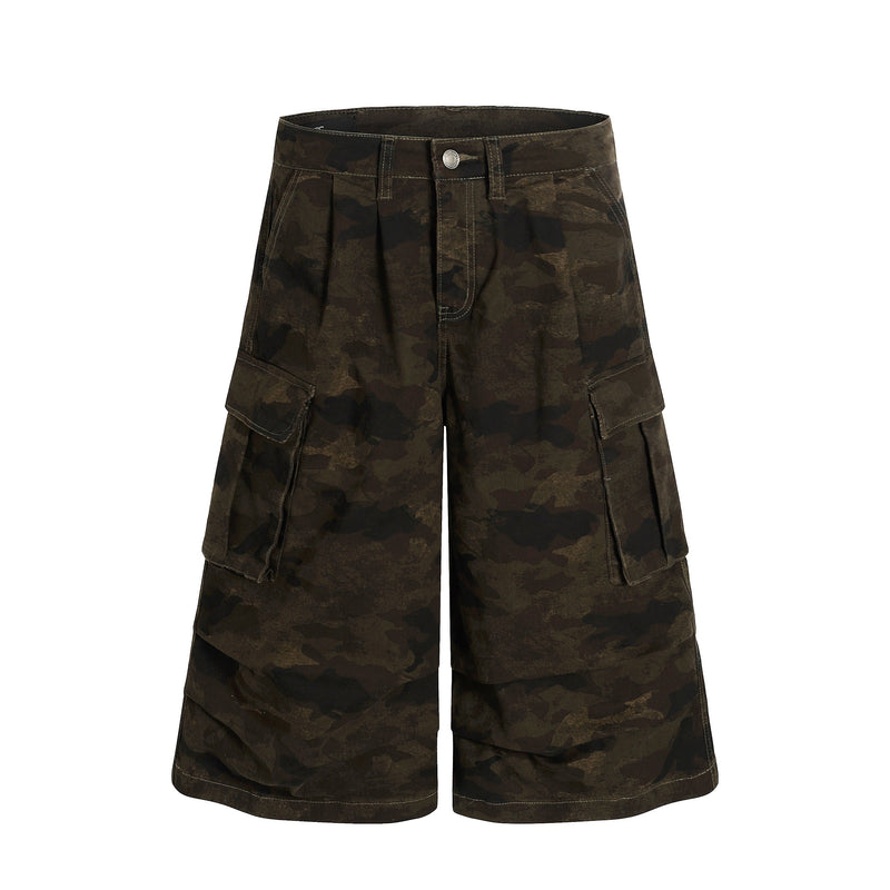 Front view of wide-leg camouflage cargo shorts with flap thigh pockets