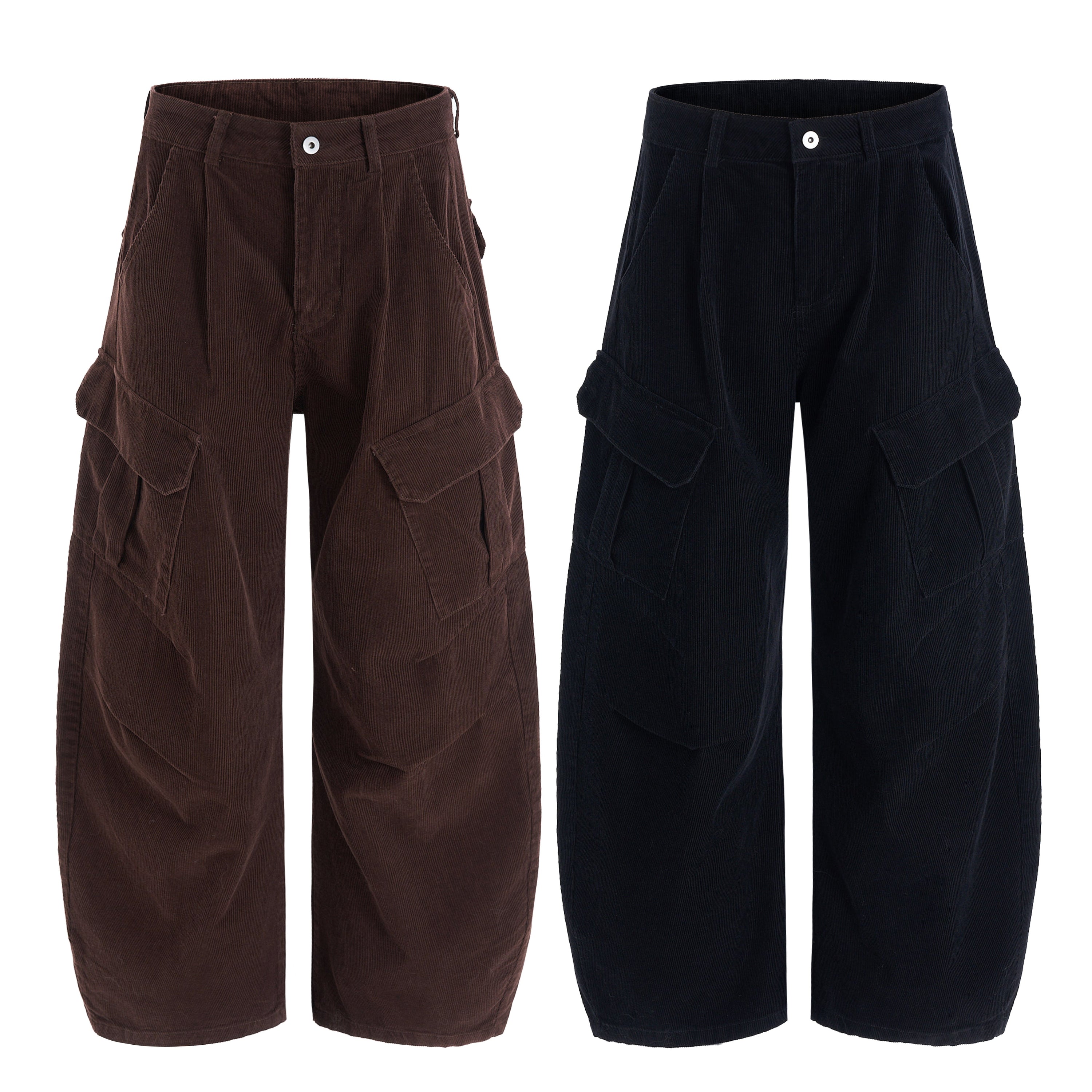 Omirad corduroy cargo wide-leg pants in dark brown and navy, shown side by side on white background