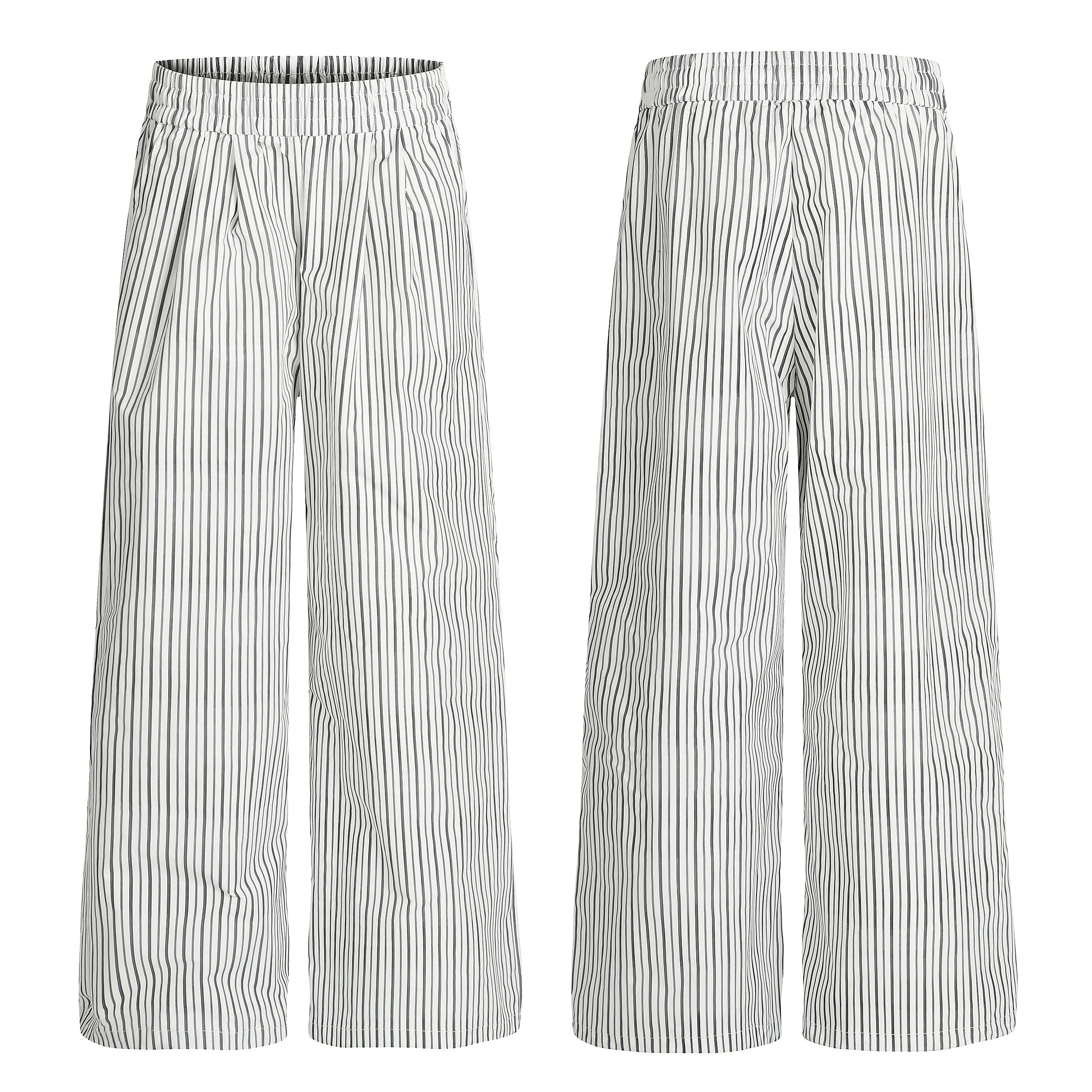 Front and back view of white wide-leg pants with black vertical pinstripes and elastic waistband