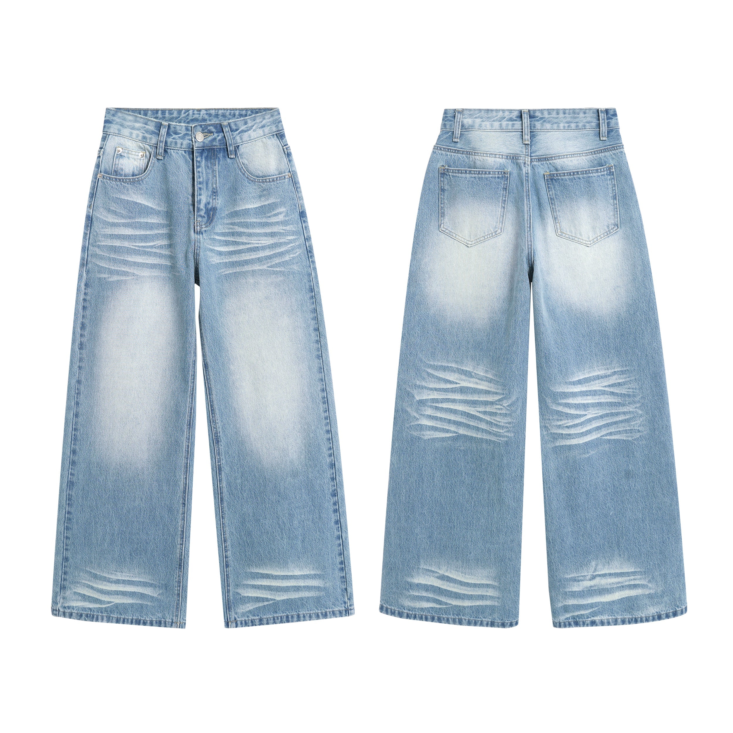Front and back view of light blue faded wide-leg jeans with whisker distressing and vintage wash detailing