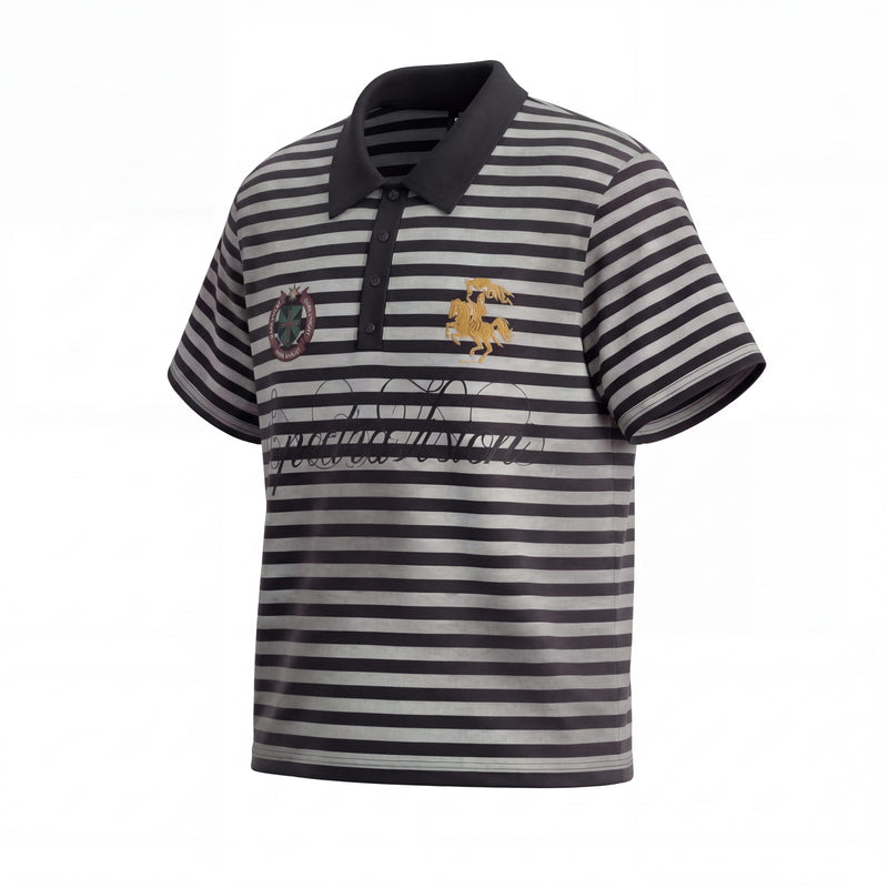 Black and grey striped short sleeve polo tee with crest embroidery and button placket on a white background