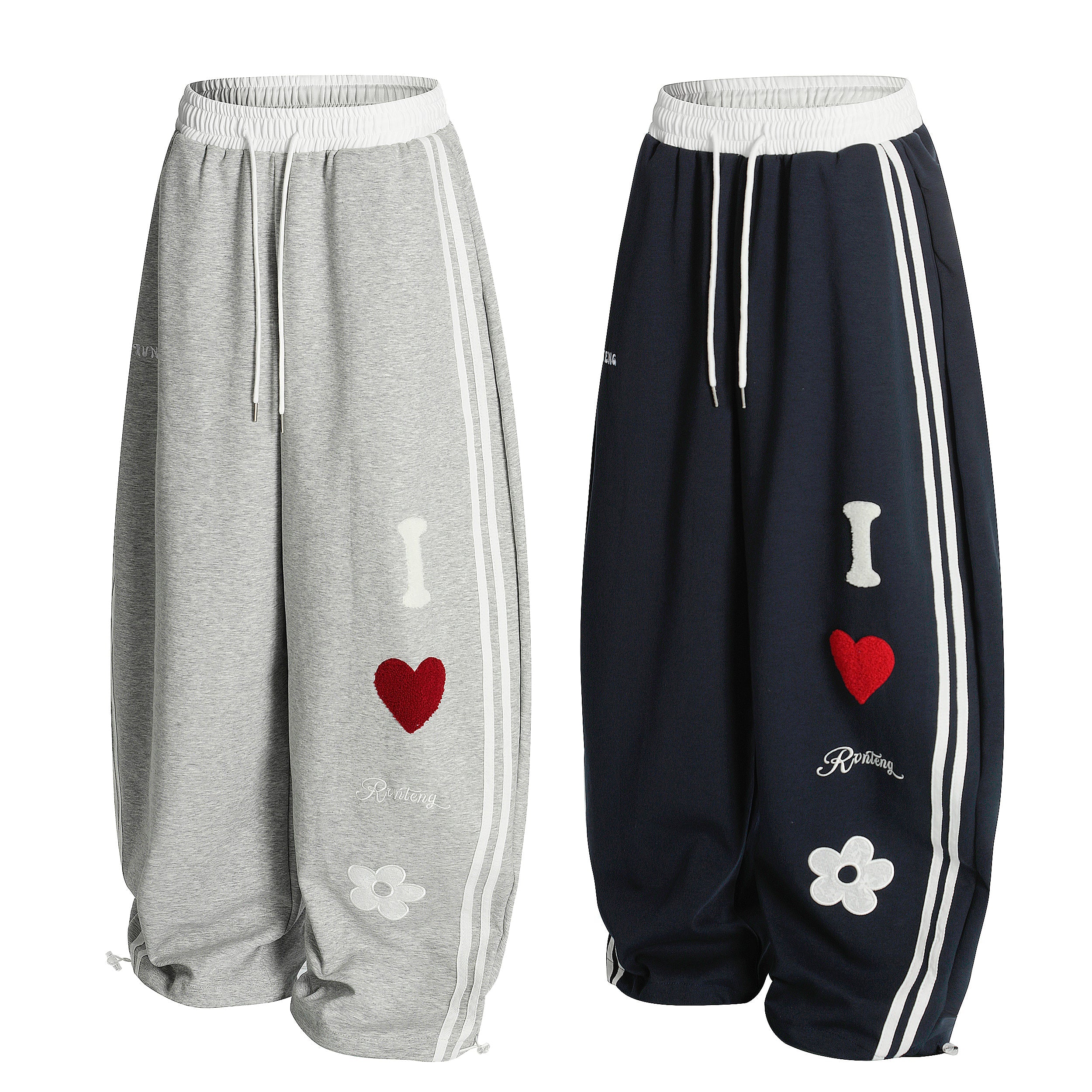 Heart & Daisy Chenille Patch Wide-Leg Track Pants
