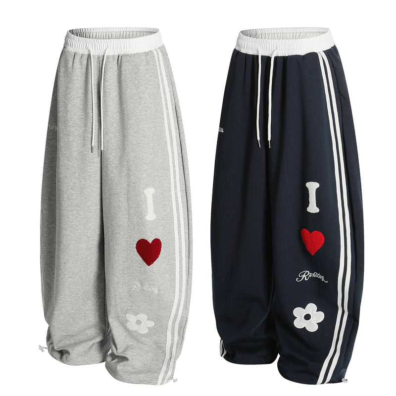 Heart & Daisy Chenille Patch Wide-Leg Track Pants