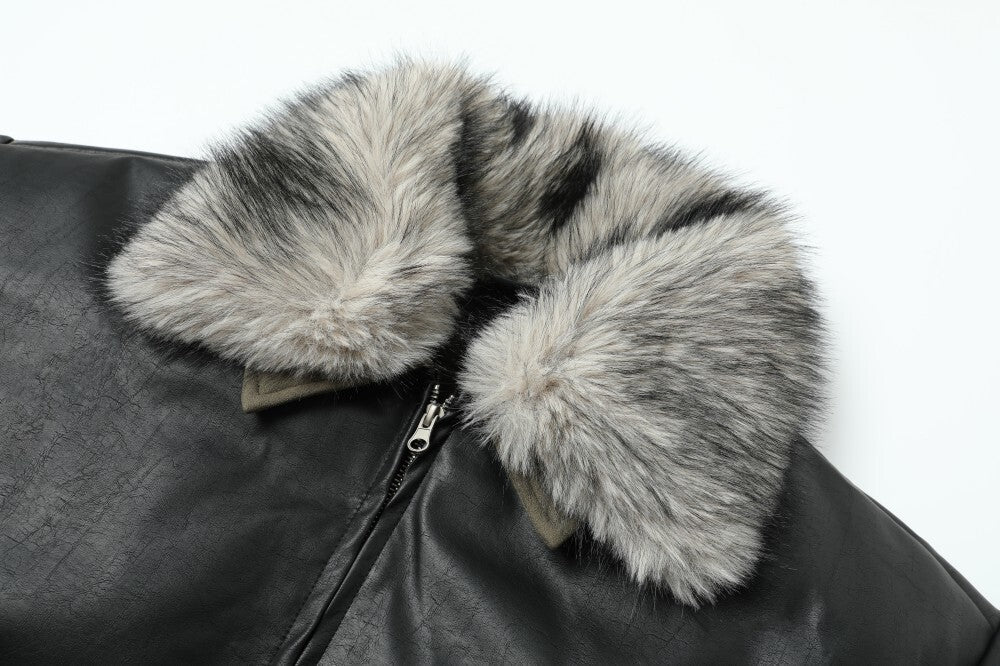 Detachable Faux Fur Collar PU Leather Bomber Jacket