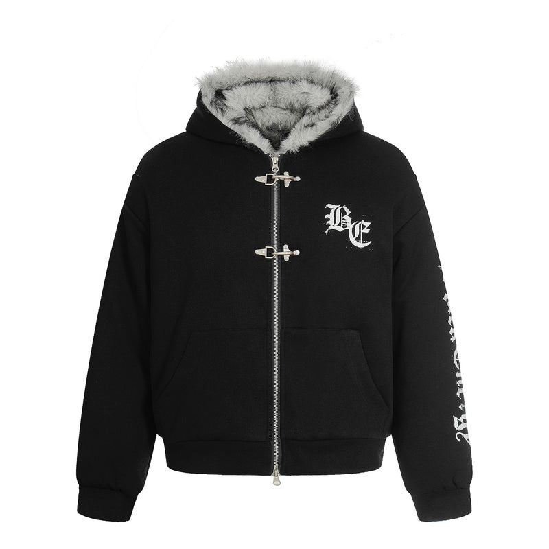 Faux Fur Lined Metal Clasp Gothic Hoodie Jacket | BC