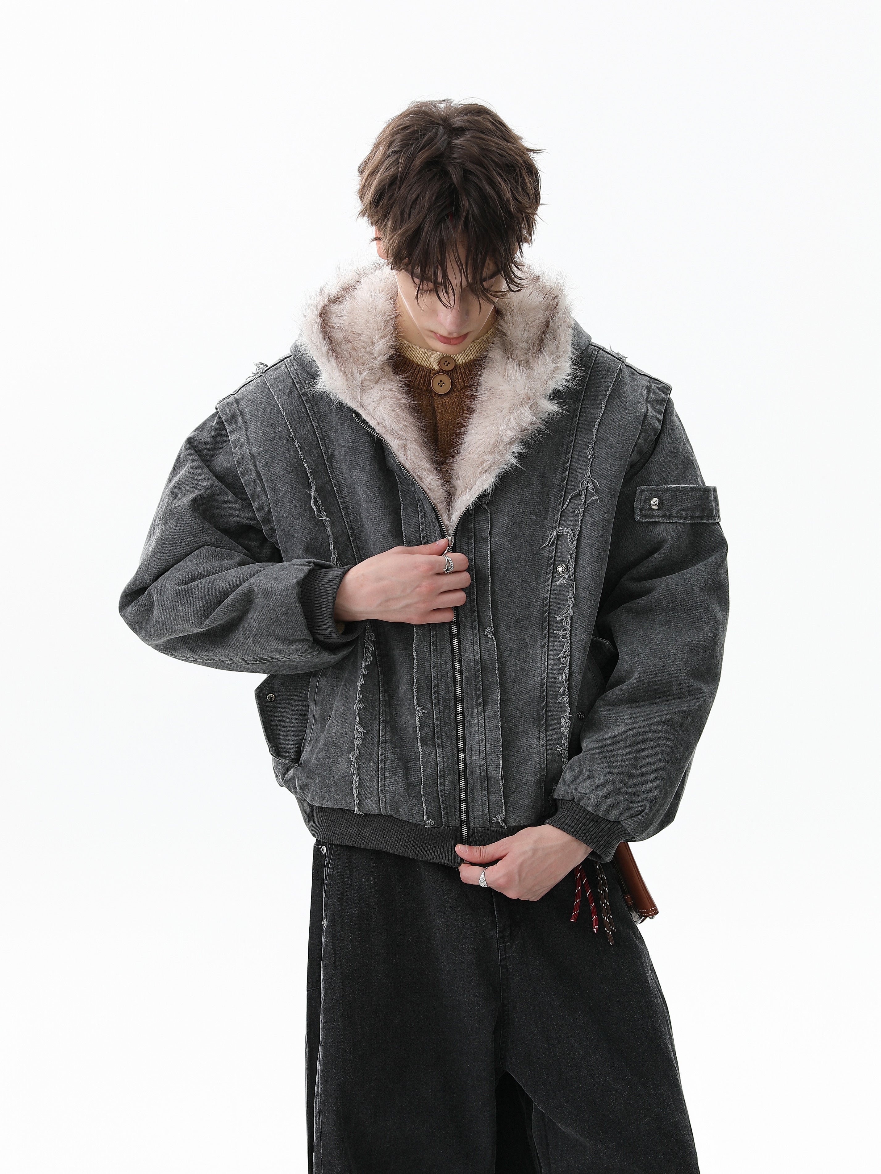 Washed Shearling-Lined Denim Hooded Bomber Jacket