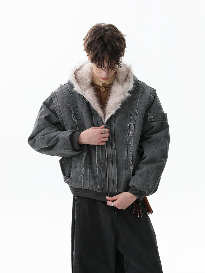 Washed Shearling-Lined Denim Hooded Bomber Jacket