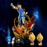 The Seakoff Vegeta Super Saiyan Collectible Figure, 45cm from Dragon Ball Z, features interchangeable heads and glowing effects. It depicts Vegeta in a blue and white outfit with orange energy effects against a cosmic backdrop. Blue-haired piece and disembodied hands for transformations are included.