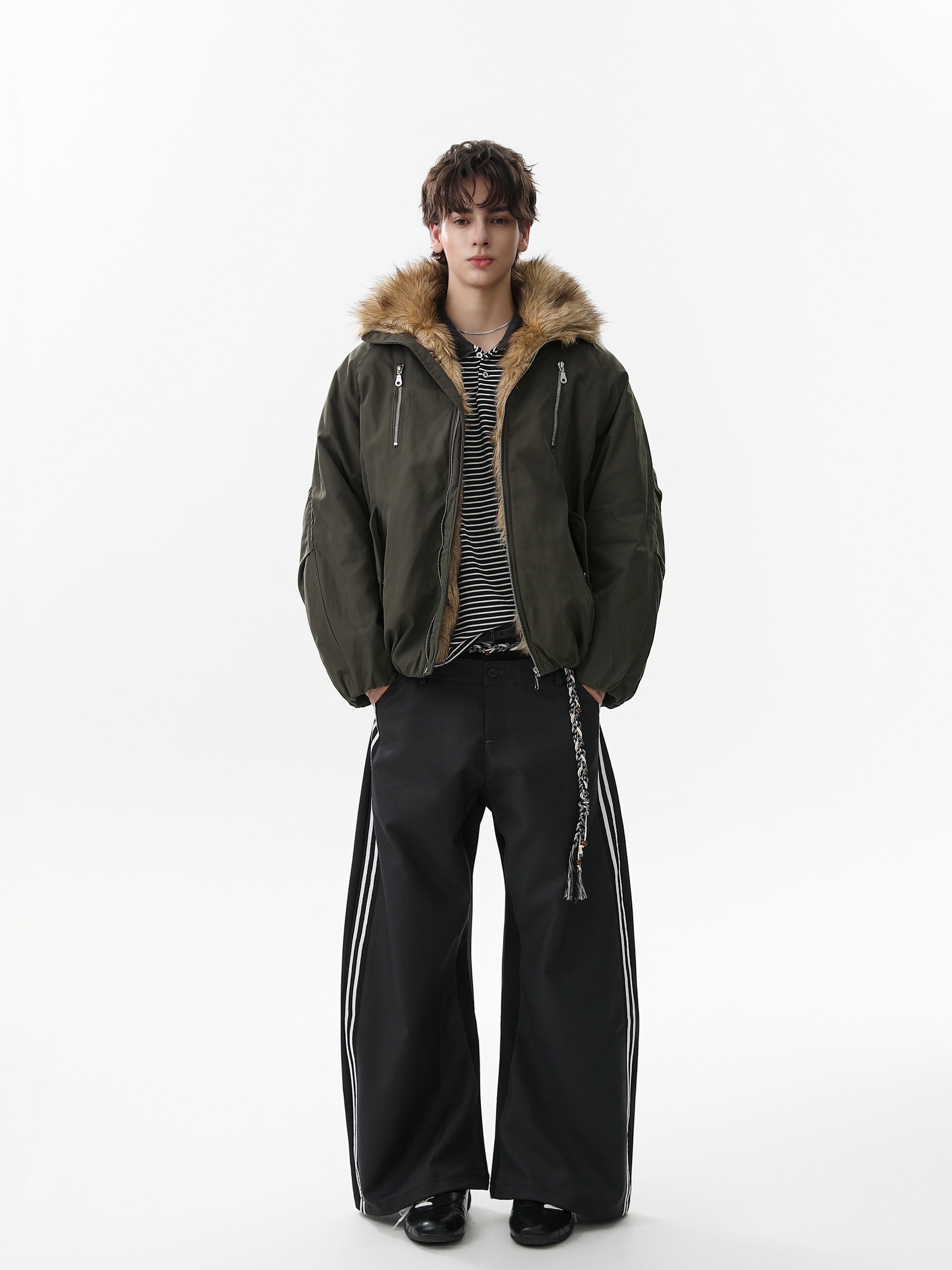 Faux Fur Collar Utility Bomber Jacket | Oversized Fit