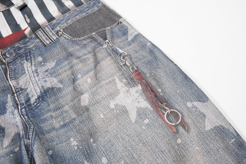 Front upper leg detail with hanging ring zipper charm and red tassel
