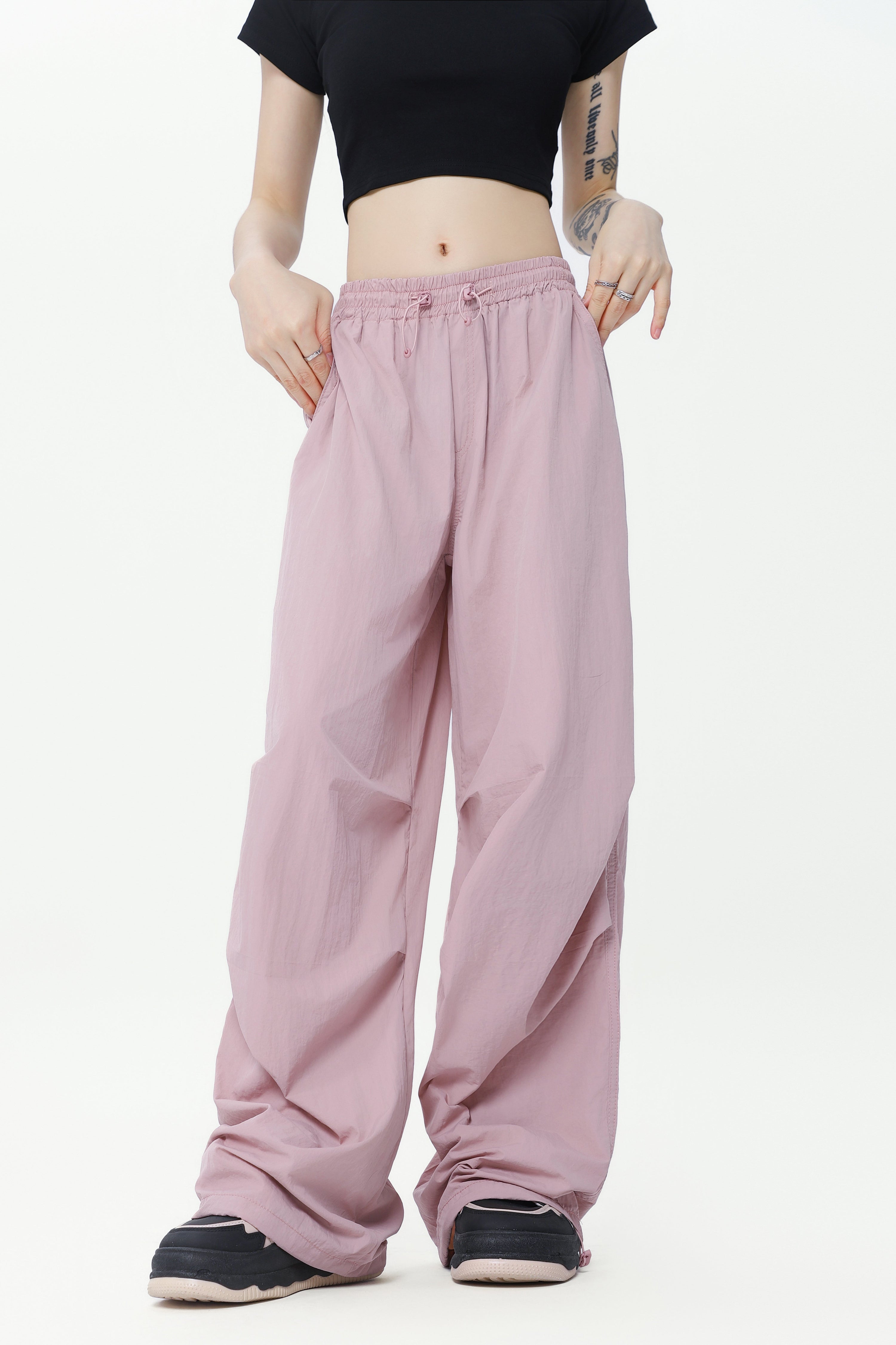 Lightweight Nylon Drawstring Parachute Pants | Wide Leg