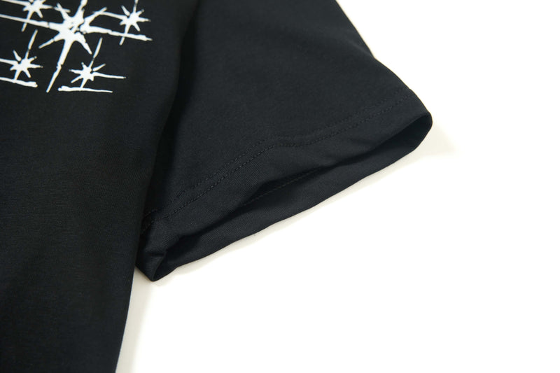 Black cotton graphic tee with white star emblem print and clean stitched sleeve hem
