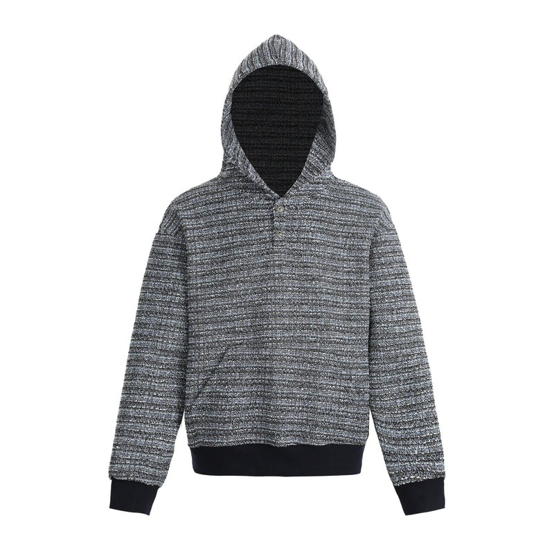 Front view of a gray textured knit hoodie with henley buttons and black ribbed hem