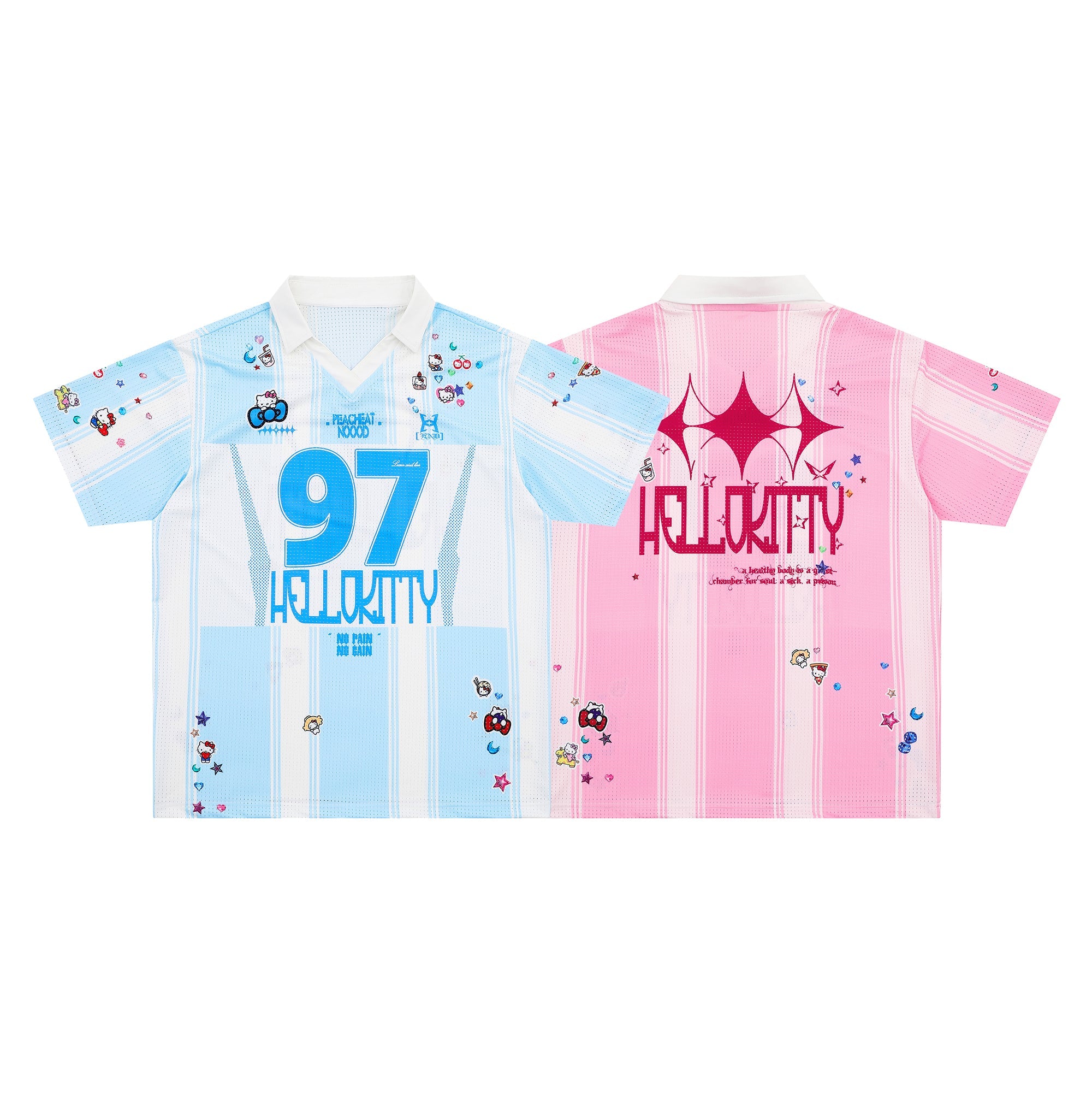 Front view of a blue and white striped Hello Kitty varsity mesh jersey with number 97 graphic and Sanrio character patches