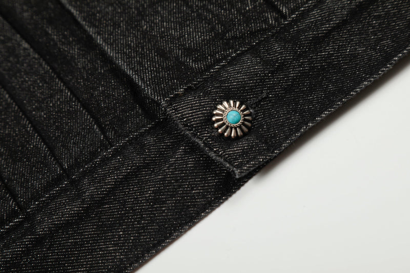 Metal Buckle Pleated Black Denim Jacket | Cropped Boxy Fit