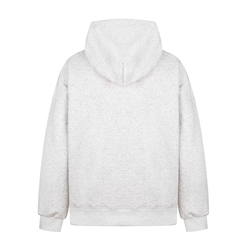Back view of a light gray zip-up hoodie with a plain hood and ribbed hem