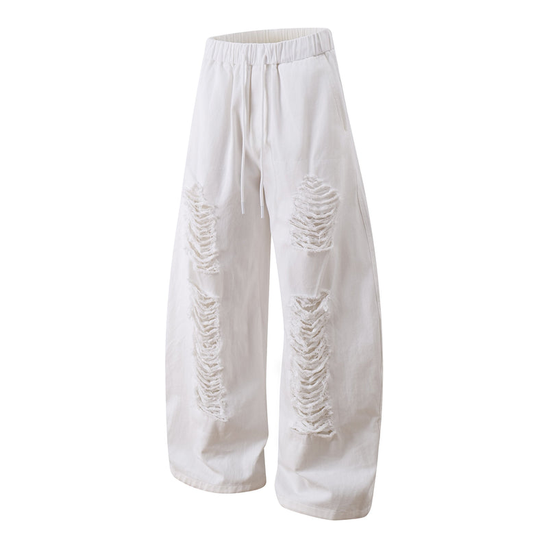 Omirad Distressed Wide-Leg Pants | White Cotton Barrel Fit