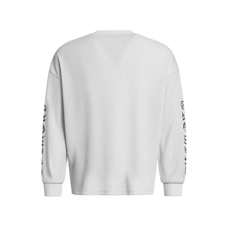 White waffle-knit sweatshirt back view with plain panel and printed sleeve graphics