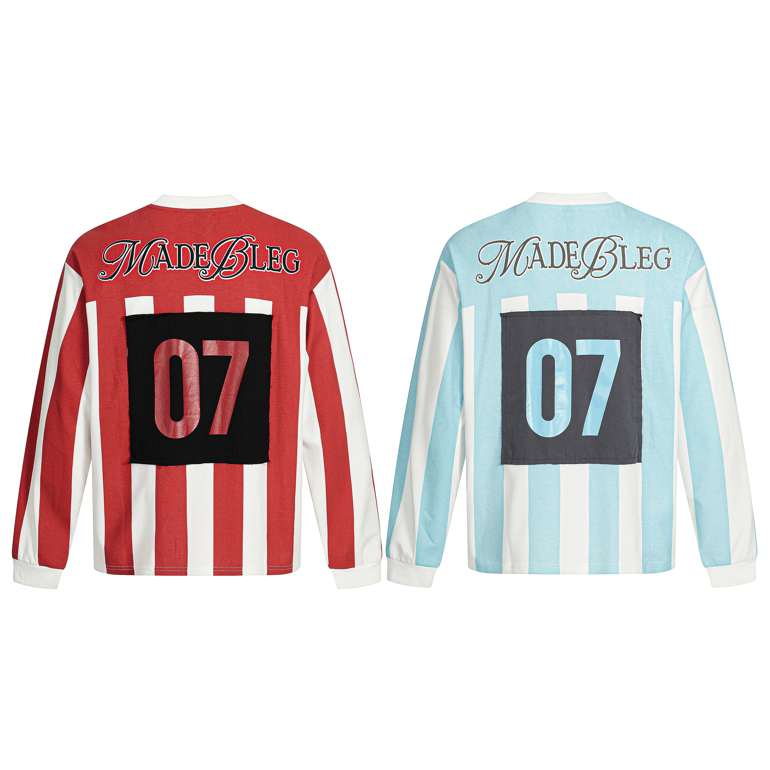 Back view of Omirad MadeBleg number 07 striped soccer jerseys in red and sky blue colorways