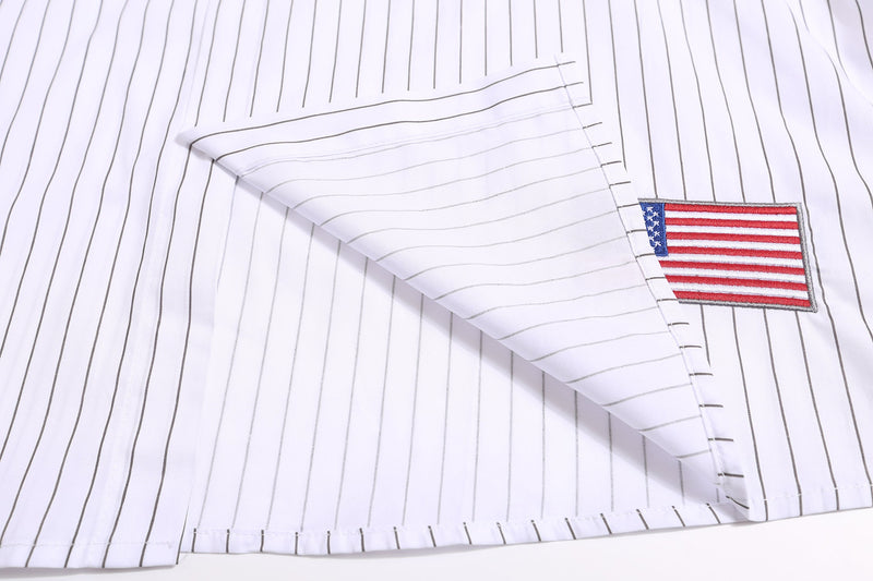 Close-up of white pinstripe jersey front with side fold and American flag patch
