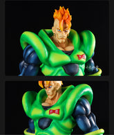 The Seakoff Android 16 Collectible Figure from Dragon Ball Z features a muscular character with bright orange hair and a green-blue armored outfit, shown in front and side views against a black background. At 41cm, this highly detailed figure captures an impressive heroic pose.