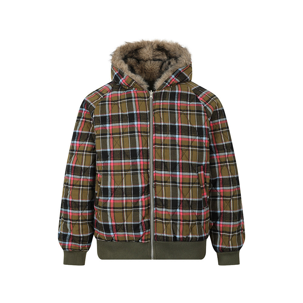 Reversible Plaid Faux Fur Hooded Bomber Jacket | Military Green
