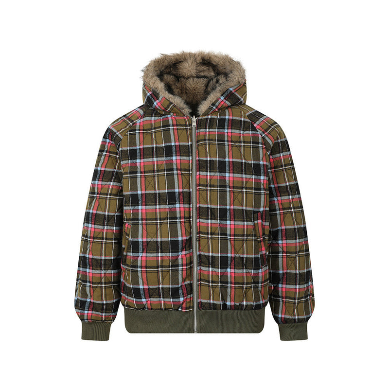 Reversible Plaid Faux Fur Hooded Bomber Jacket | Military Green