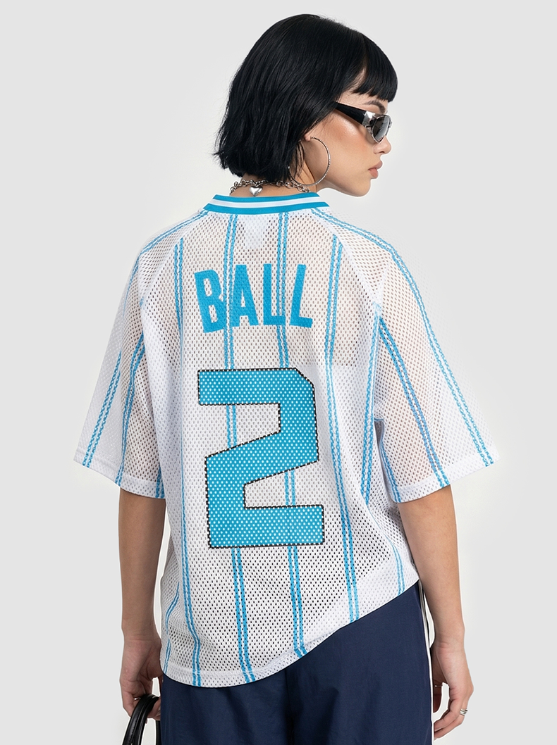 Back view of a white mesh jersey T-shirt with blue stripes, BALL text, and a large number 2 on the back