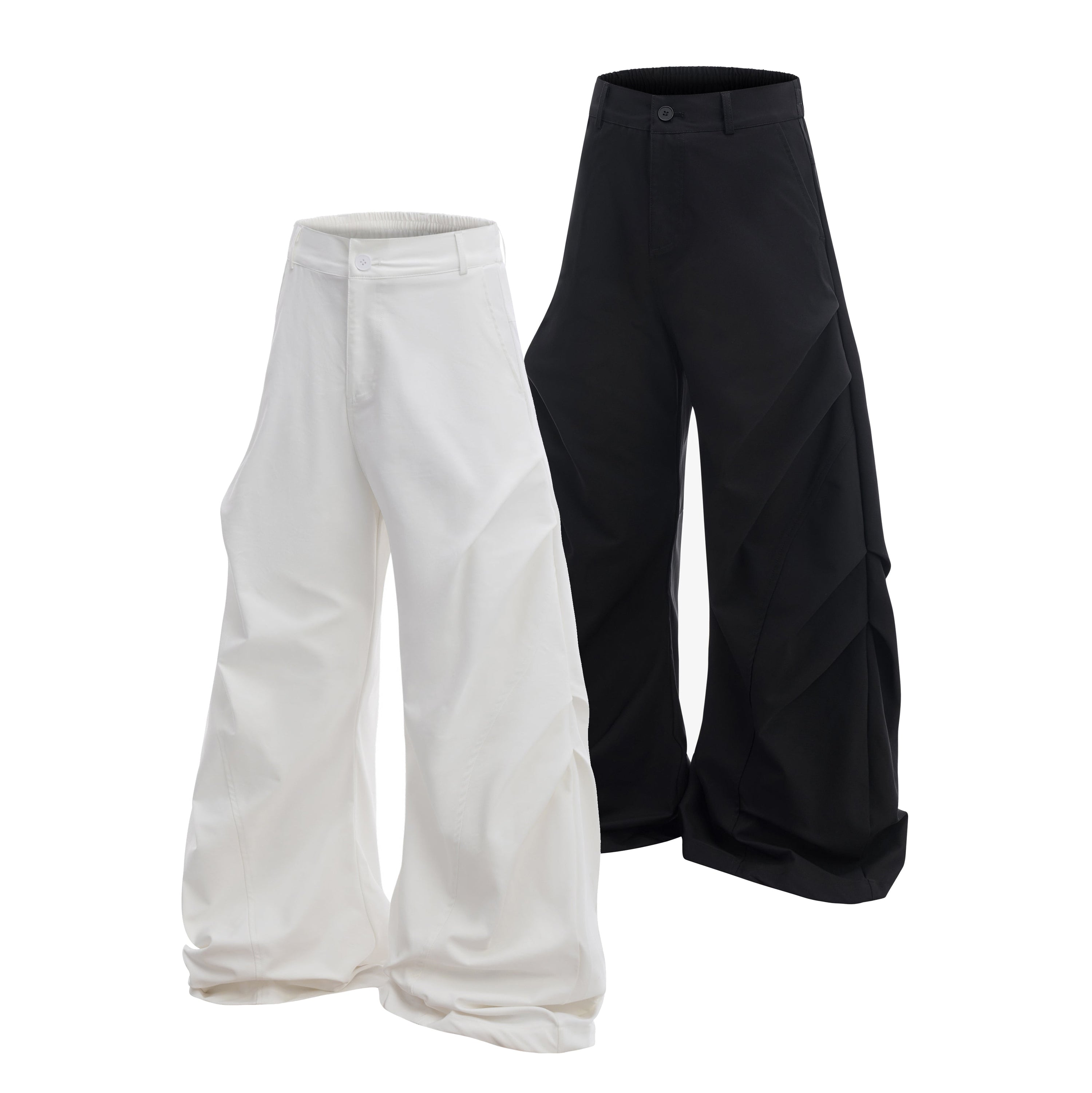 Omirad sculpted pleat wide-leg pants displayed in white and black colorways, showing layered pleat construction and stacked h