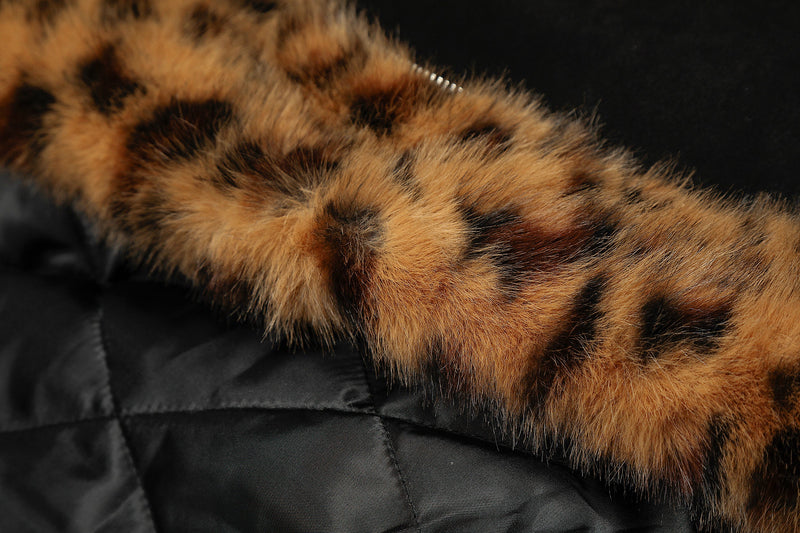 Leopard Faux Fur-Lined Bomber Jacket with Bear Ear Hood