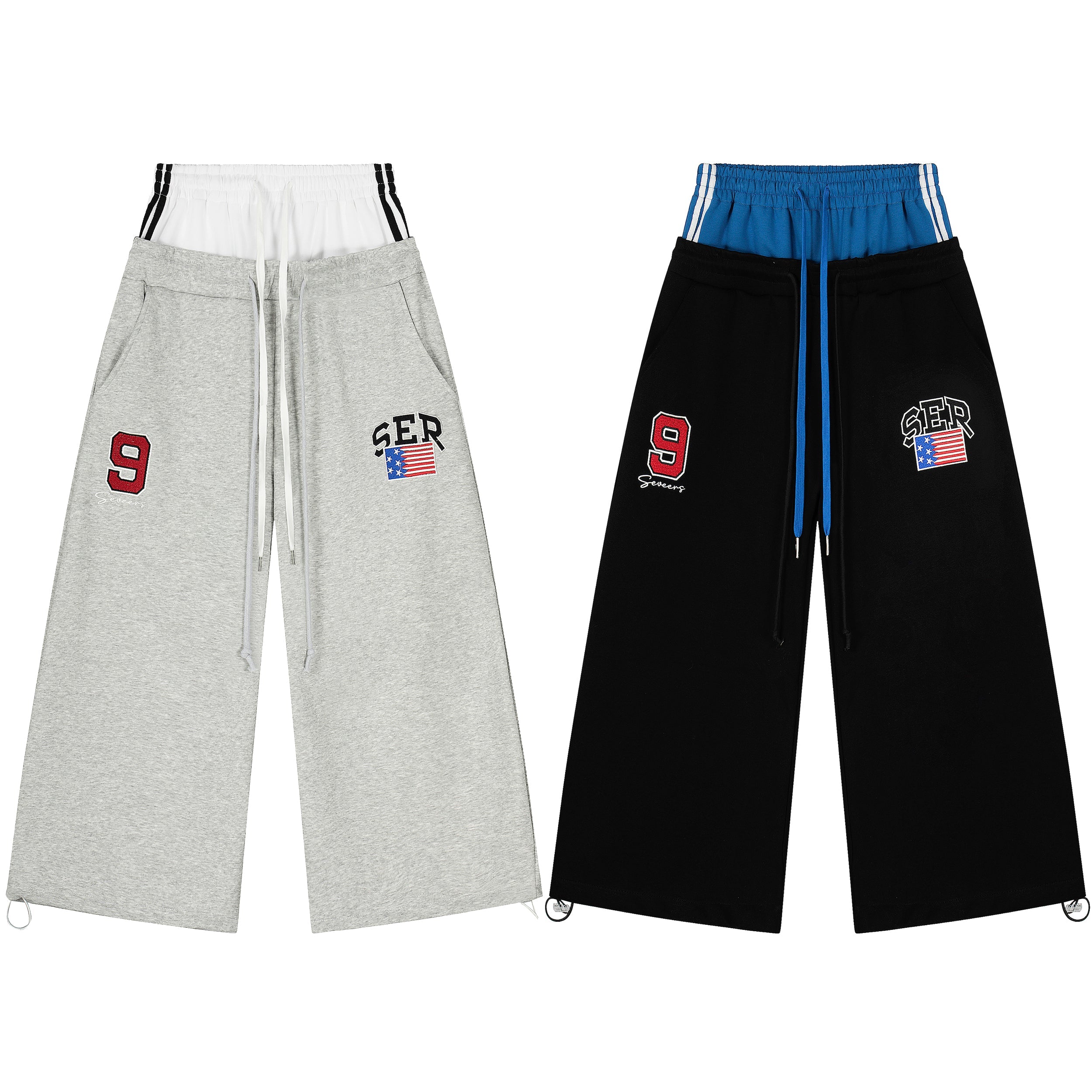 Heather grey wide-leg sweatpants with varsity number 9 patch, American flag graphic, and white contrast double waistband