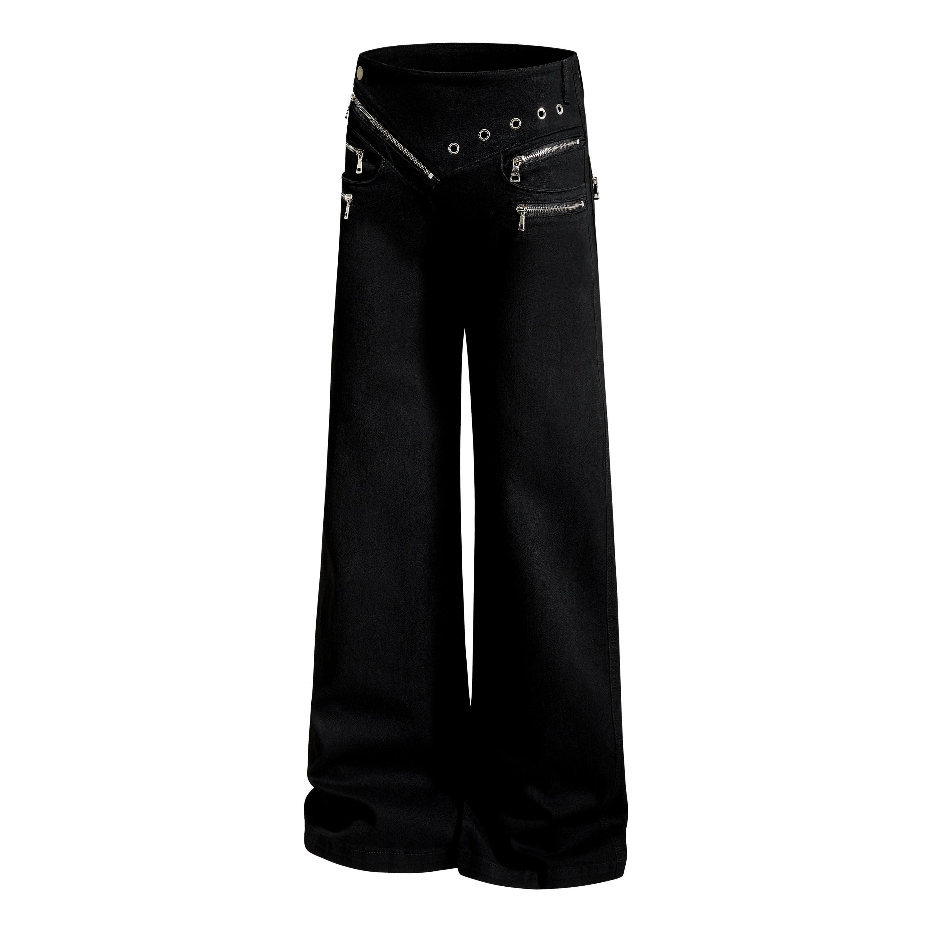Asymmetrical Zipper Detail Wide-Leg Flared Pants | Black
