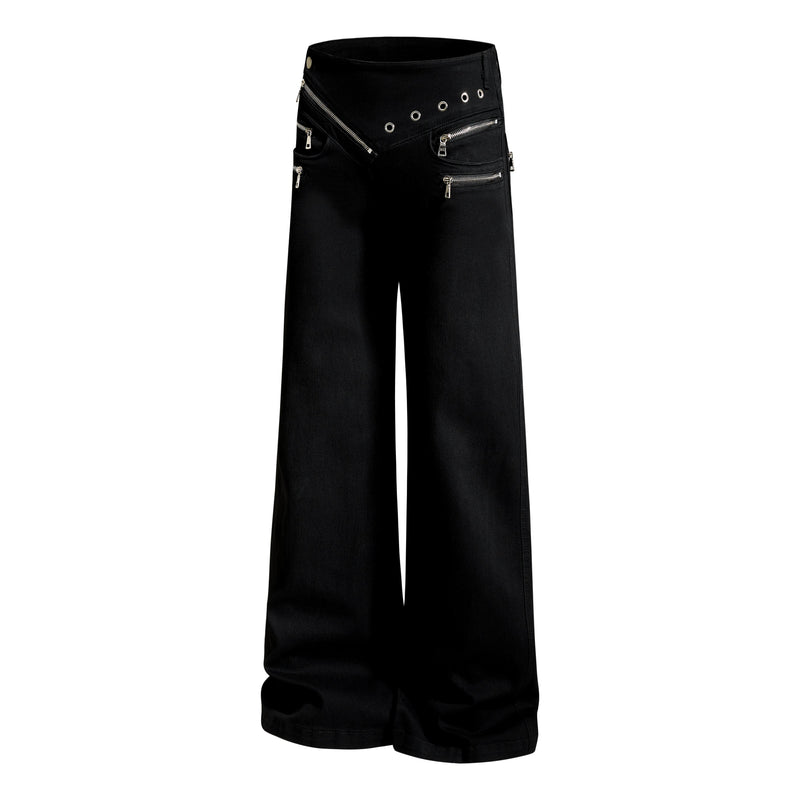 Black wide-leg pants with asymmetrical zipper pockets and grommets, angled front view