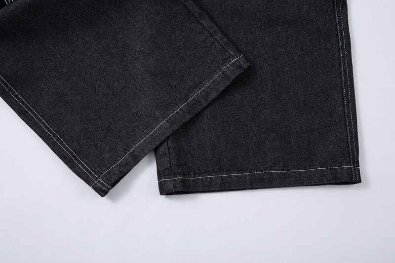 Tribal Wide-Leg Black Denim Jeans | Streetwear Baggy Fit