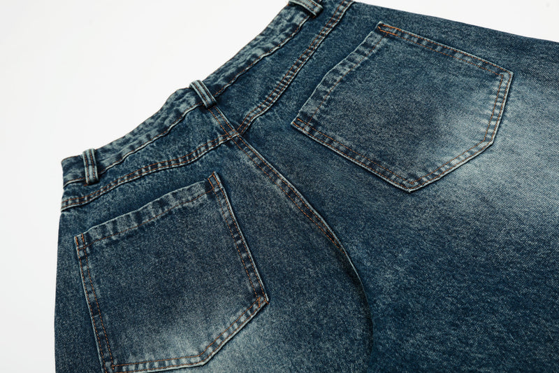 Pearl-Stud Barrel Jeans | Vintage Wash Wide-Leg Denim