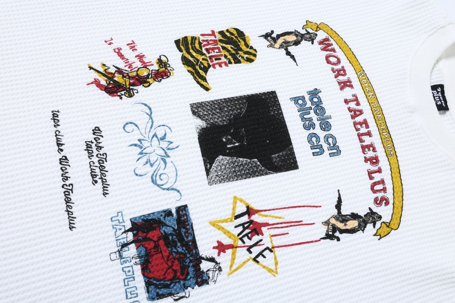 Waffle Knit Graphic Long Sleeve Tee | Streetwear Collage Print