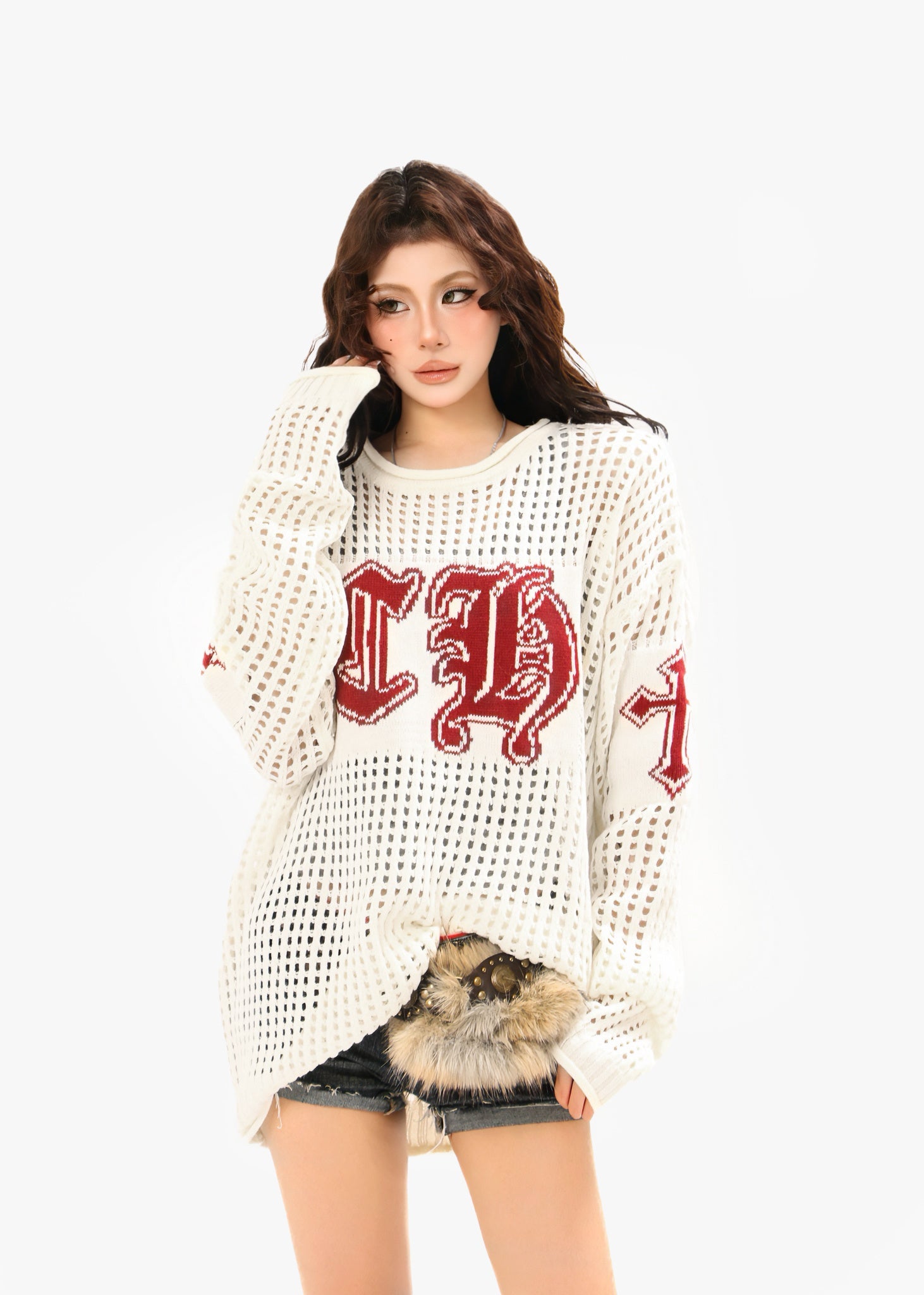 Hollow Knit Crewneck Sweater | Varsity CH Open-Knit Top